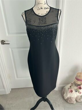 Calvin Klein Black Sheath Dress with Sheer Illusion Yoke and Crystal Accents